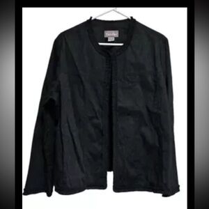 TanJay Blazer Jacket Black Size 16 Jacquard Print Ruffle Detail NWT